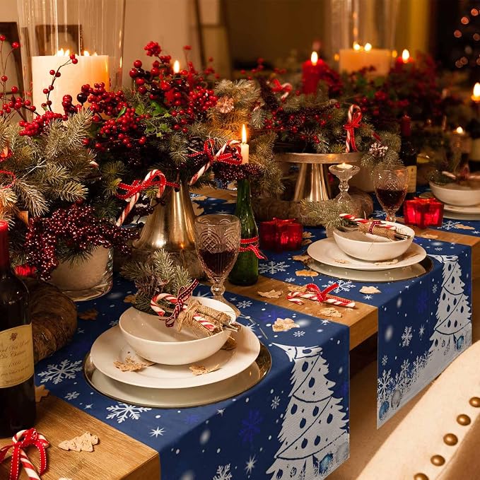 Navy Blue Christmas Tree Table Runner 120 Inches Long, Xmas Balls Snowflake - Image 6