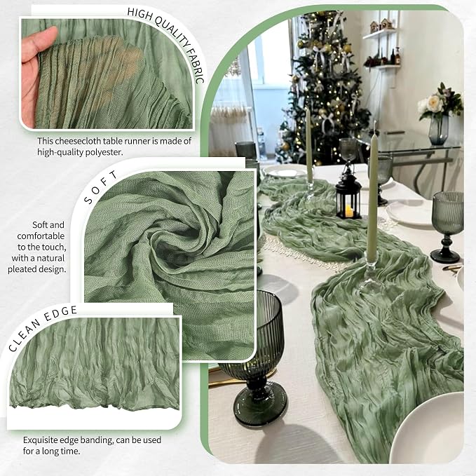 4 Pack Cheesecloth Table Runner 10FT Sage Green Table Runner Boho Gauze Cheese - Image 3