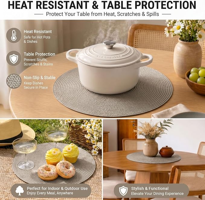 FunWheat Round Braided Placemats Set of 6 Table Mats - Image 7