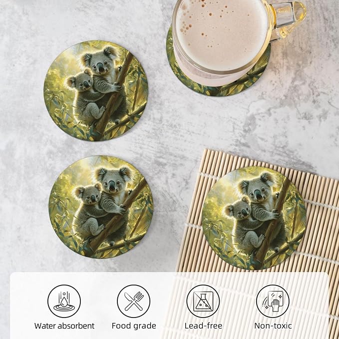 Koala Leaves Pattern Coasters for Drinks Absorbent Round Ceramic Coasters Set - Image 5