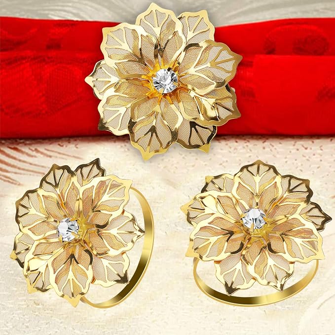KPOSIYA Flower Napkin Rings Holder Metal Gold Napkin Rings Set of 12 - Image 6