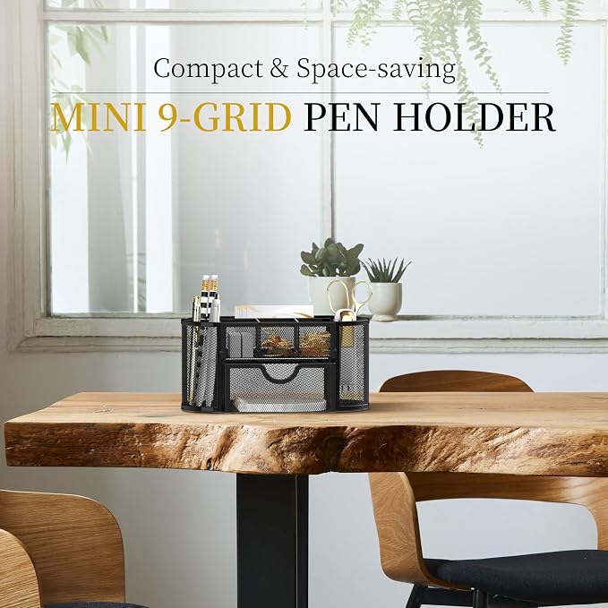 Mesh Desk Organizer with Drawer, 9-Compartment Pen Holder - Image 2
