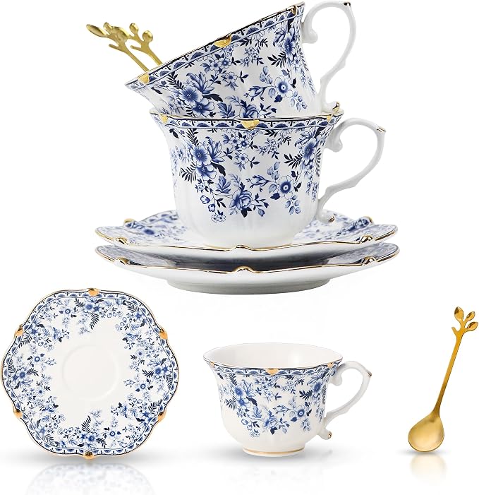 TATSUMI Country Roses Bone China Tea Cup and Saucer Set, 6 Pieces, Vintage Style by TATSUMI