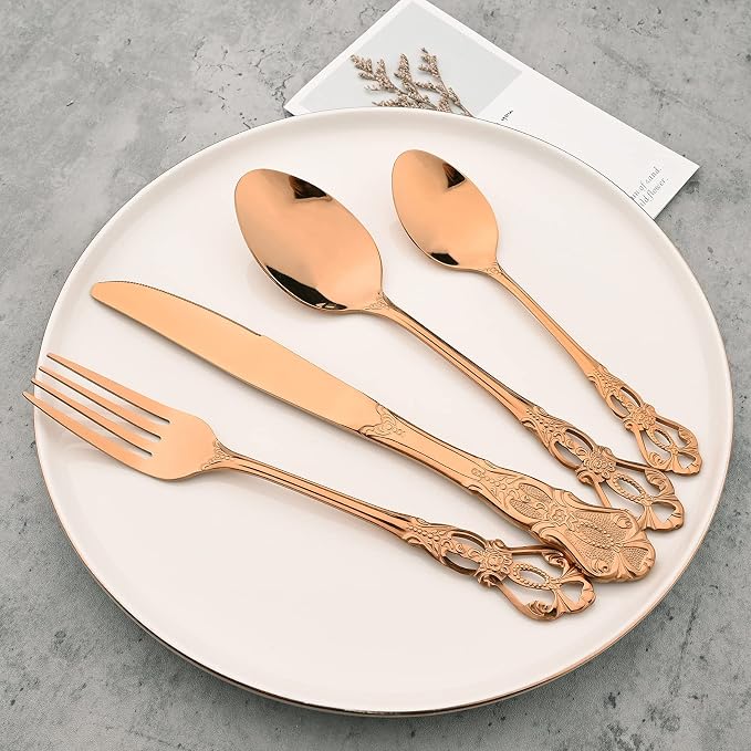 Mirror Polished Copper Silverware Set, 24-Piece 18/10 Stainless Steel Rose Gold - Image 2