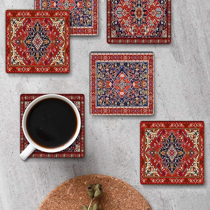 Geometric Coasters for Drinks, Ceramic Stone | Tribal Absorbent Square Table Mat - Image 4