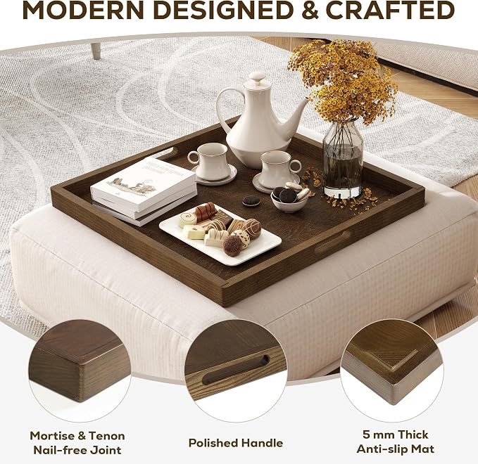 24 Inch Large Square Wooden Ottoman Tray - Image 3