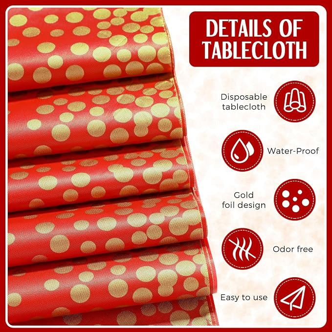24 Pack Red and Gold Disposable Plastic Tablecloths and Satin Table Runner Set - Image 4