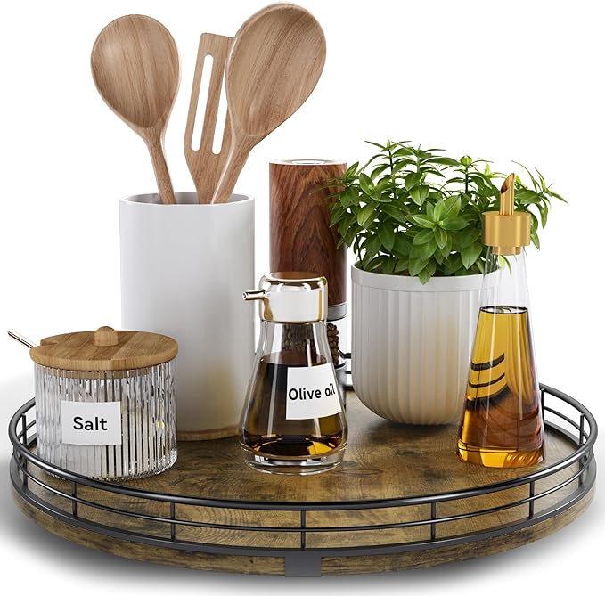 Lazy Susan Turntable Organizer for Table Top, 12’’ Round Wooden Lazy Susan for by HGF