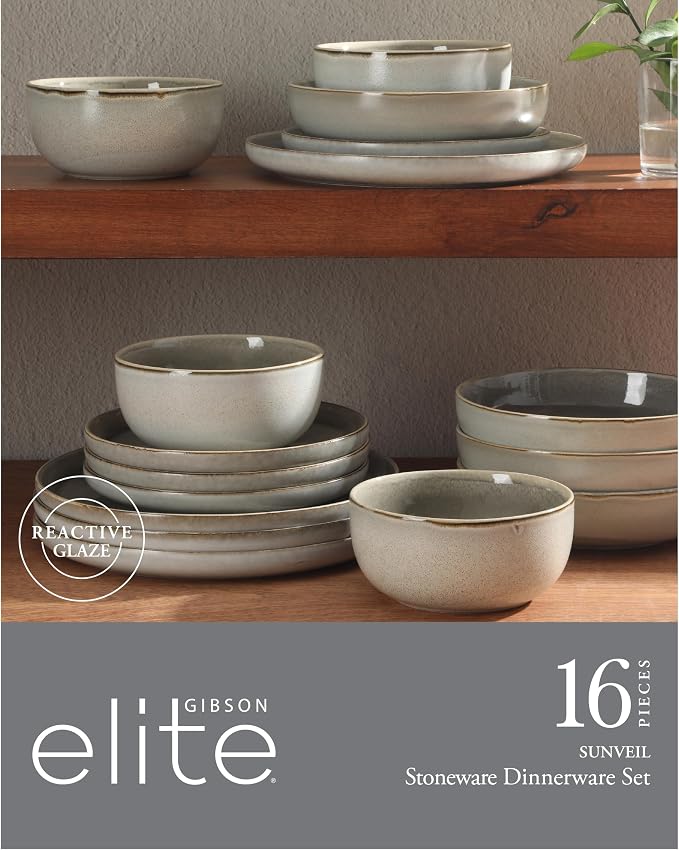 Gibson Elite Sunveil 16 Piece Plates and Bowls Reactive Glaze Round Dishes - Image 2