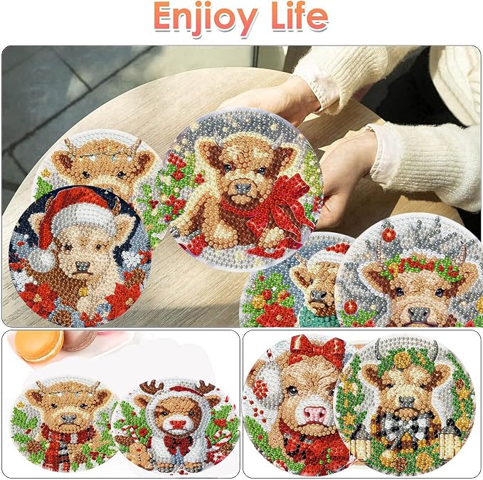 ijbnhd 8 Pack Cow Diamond Art Coasters Kits, Christmas Cow Kit 4x4 inch | - Image 2