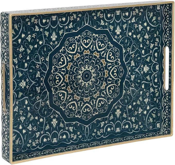 Plastic Serving Tray with Handles, Rectangle Boho Tray, Dark Green | Coffee by MAONAME