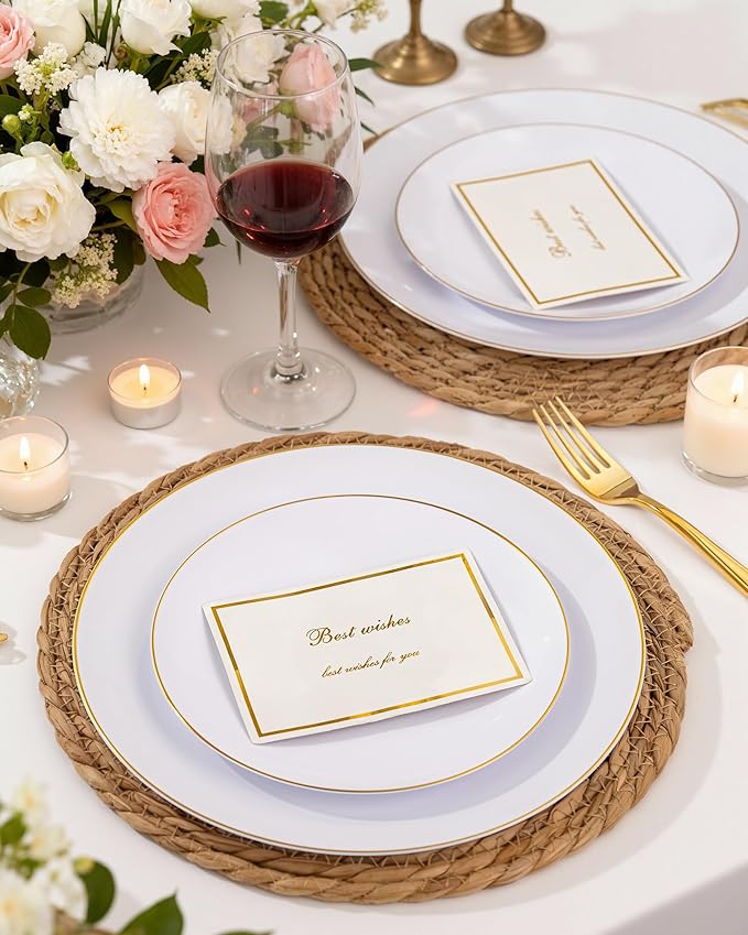 Nervure 100PCS White with Gold Rim Plastic Plates, 7.5″ Disposable Plates | - Image 2