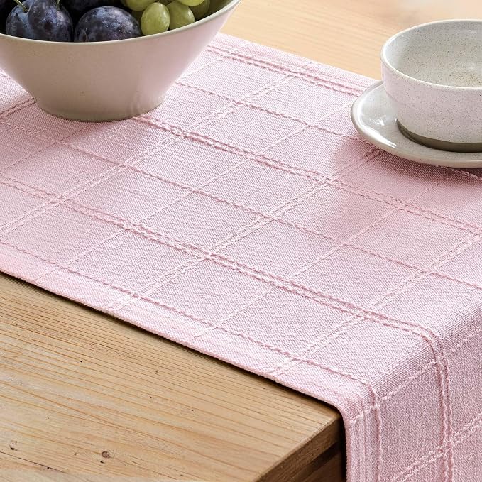Linen Checked Farmhouse Table Runner, 13x90 Inches Pink | Raised Grid Design - Image 5