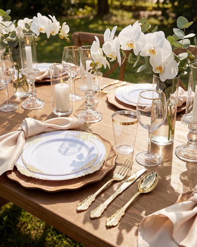 Nervure 175Pcs White and Gold Plastic Plates, Dinnerware Set - Image 7