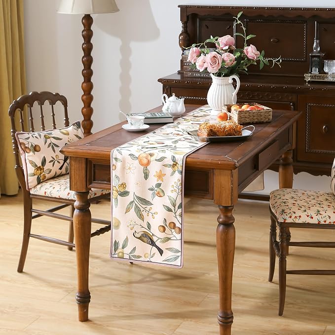 bilin gaier Designer Vintage Linen Small Table Runner, Floral Fruit Pattern - Image 4