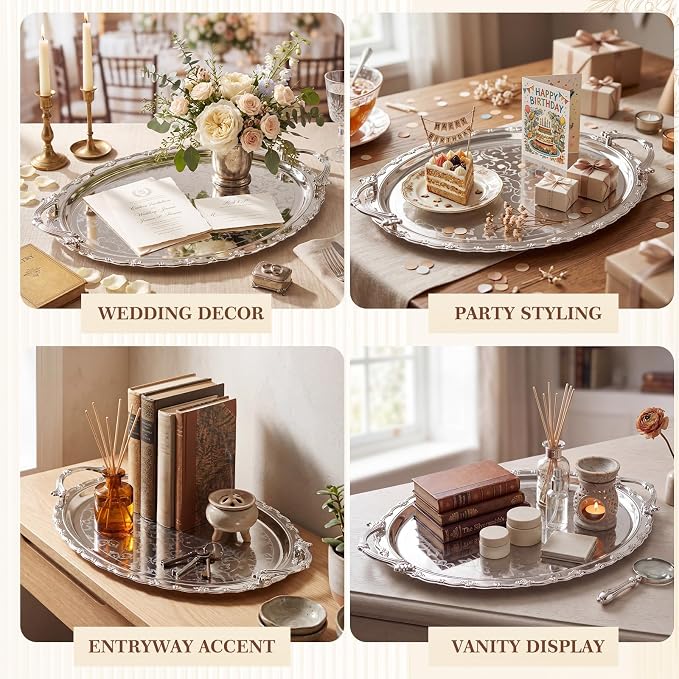4 Pack Serving Tray with Handles 16.1 x 12.4 Inch Large Metal Plate Floral - Image 4