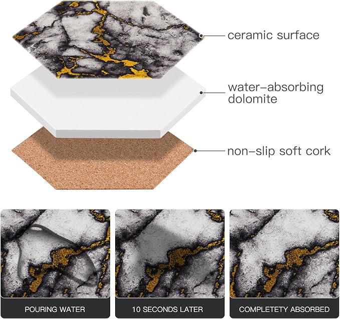 Gold Marble Coasters, Geichan Ceramic Bar Coasters Cute Dining Coffee Table - Image 5