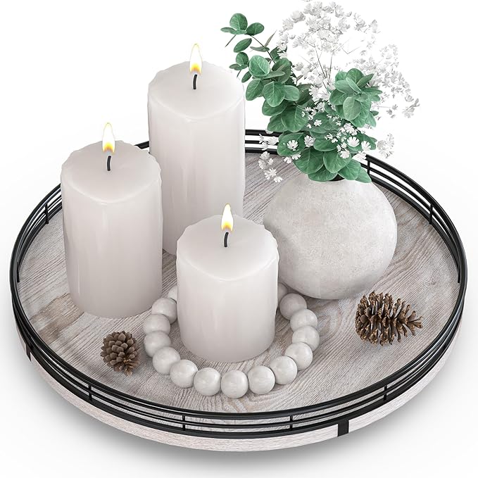 AMH 12-Inch Whitewashed Farmhouse Lazy Susan Tray by AMH