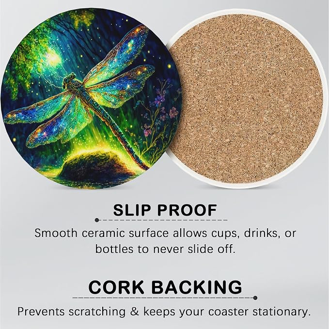6 Pcs Drink Coasters with Holder, Fantastic Dragonfly Forest Absorbent Round - Image 5