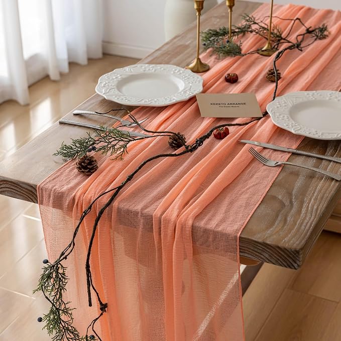 Fresh Salmon Cheesecloth Table Runner 120 Inches - Image 2