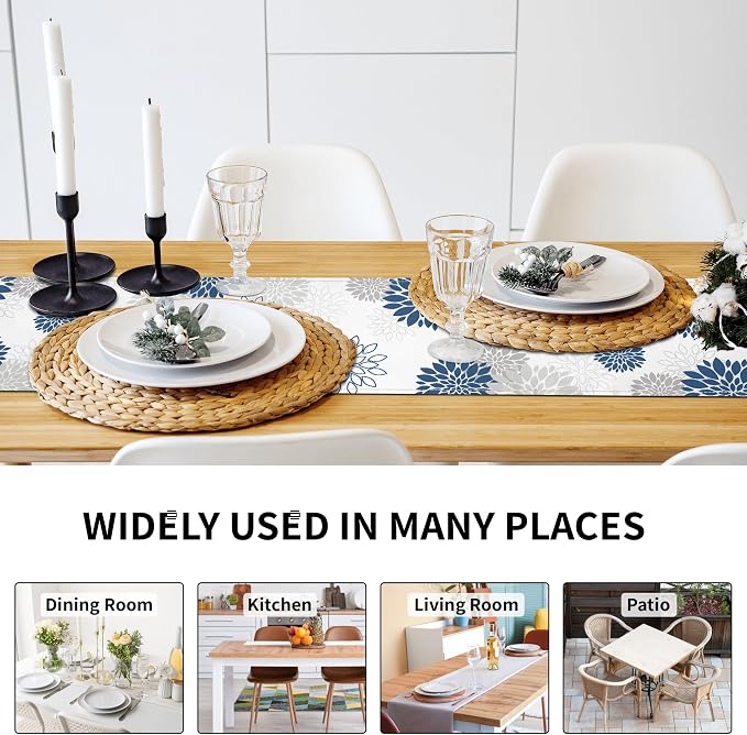 Dahlia Flower Table Runner 13x71 Inch Farmhouse Blue Gray Runners Modern Table - Image 3