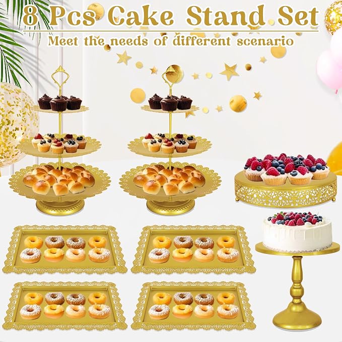 Fivenl 8 Pcs Cake Stand Gold Metal Dessert Table Display Set, 3-Tier Cupcake - Image 7