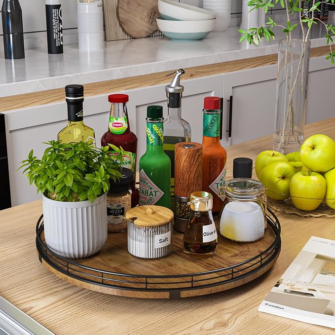 AMH 16-Inch Farmhouse Oak Lazy Susan Organizer, Walnut Finish | Smooth rotating - Image 2