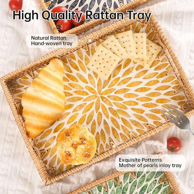 Rectangle Rattan Tray with Mother of Pearl Inlay, Rattan Serving Tray with - Image 4