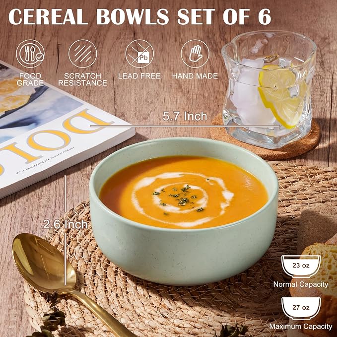 E-far Cereal Bowls Set of 6, 27oz Ceramic Deep Soup Bowls - Image 2