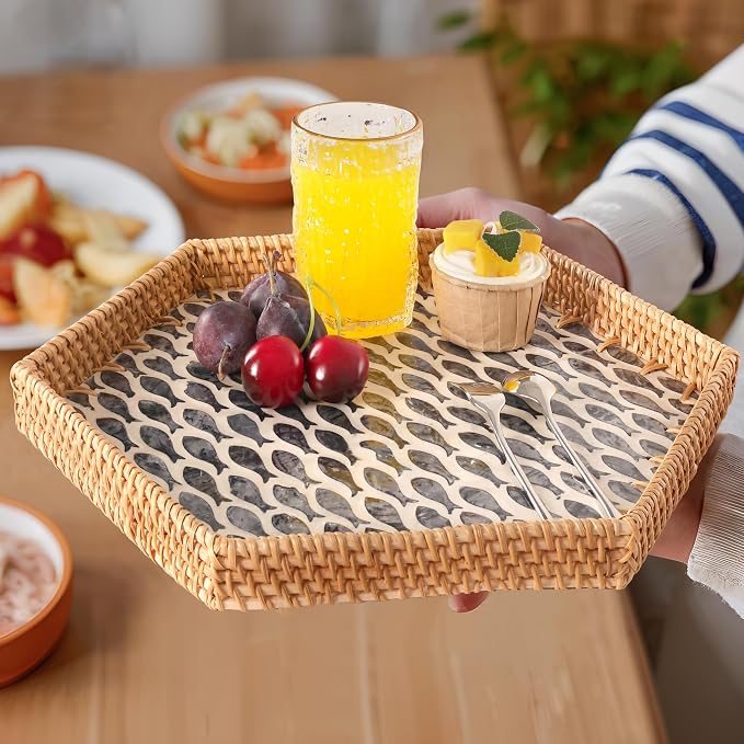 Hexagon Rattan Tray with Mother of Pearl Inlay, Rattan Serving Tray - Image 6