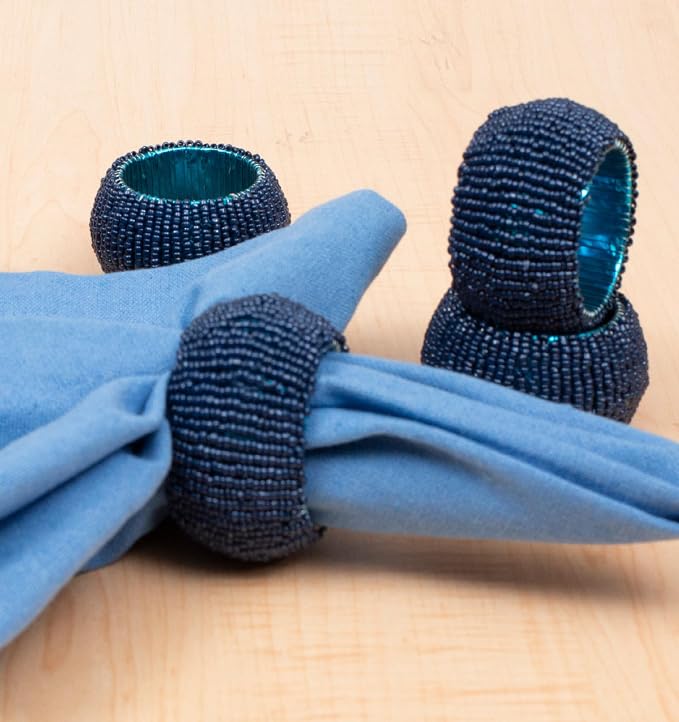 Navy Napkin Rings, Handmade Beaded Napkin Rings Set of 12, Beaded Napkin Holders - Image 5