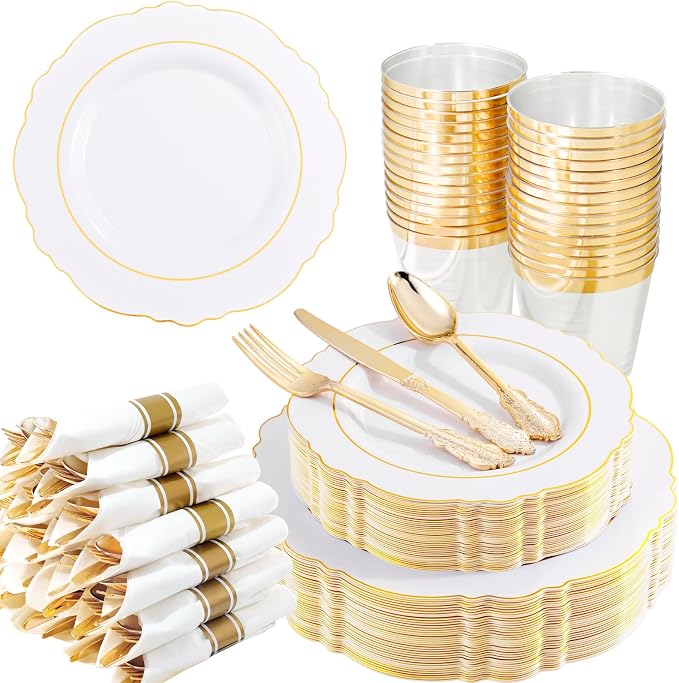 350PCS Gold Plastic Plates-Disposable White and Gold Plates 50guest Baroque by Liacere