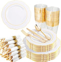 350PCS Gold Plastic Plates-Disposable White and Gold Plates 50guest Baroque by Liacere