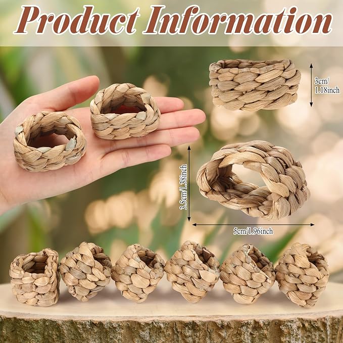 LemonRoad 50 Pcs Napkin Rings, Wood Color Woven | Water Hyacinth, Farmhouse - Image 2