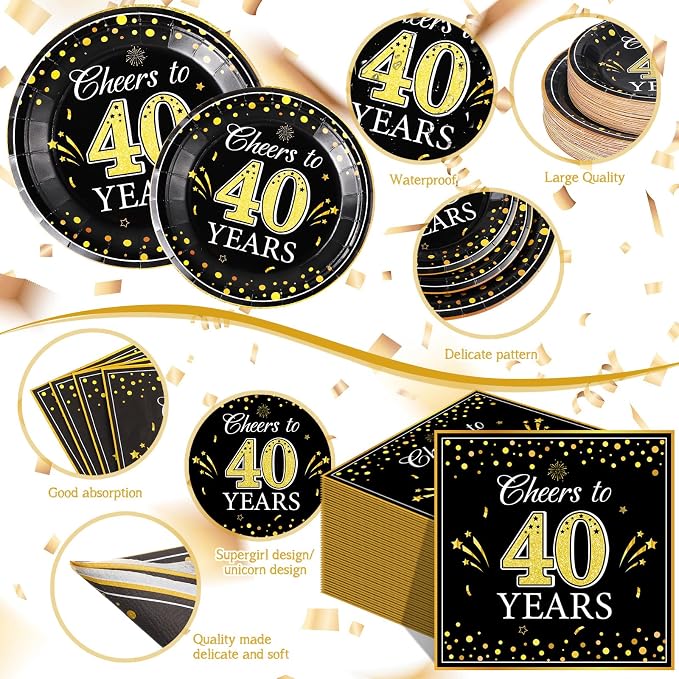 Pickmesh 250 Pcs 40th Birthday Party Supplies Decorations Serve 50 Black Gold - Image 3