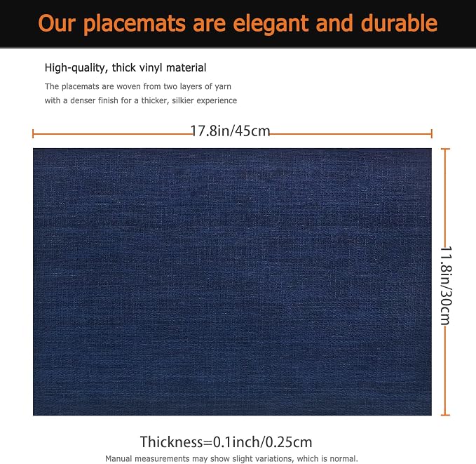 Navy Blue Vinyl Placemats Set of 12, Heat Resistant Table Placemats | 18x12 - Image 2