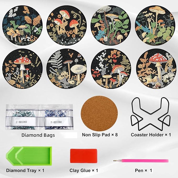 8 Pcs Mushroom Forest Diamond Art Coasters Kit - Image 3