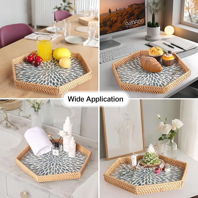 Hexagon Rattan Tray with Mother of Pearl Inlay, Rattan Serving Tray - Image 4