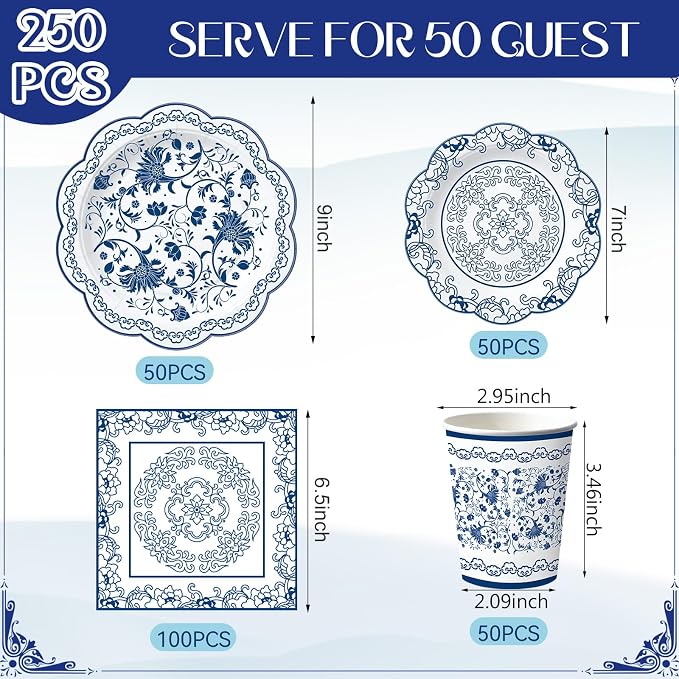 Pickmesh 250 Pcs Chinoiserie Party Supplies Decorations Blue and White - Image 2