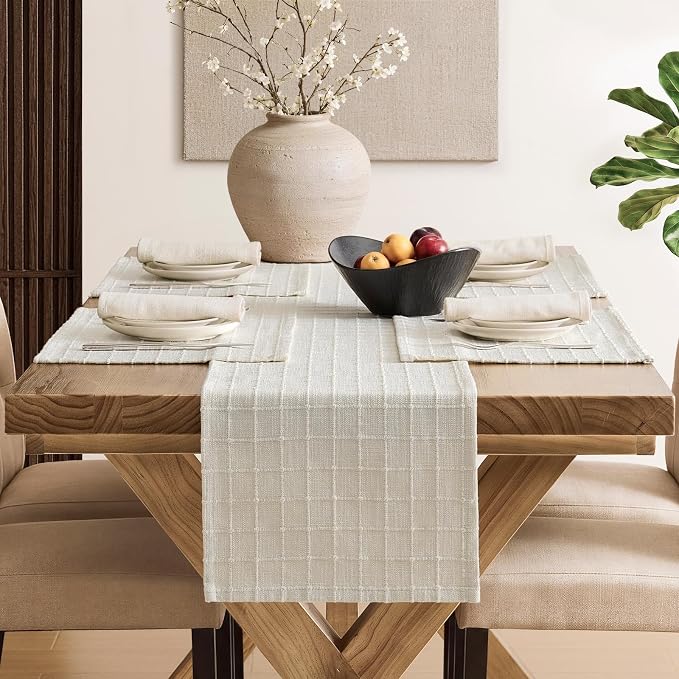 Artisanal Grid Linen Table Runner, 13x36 Inches Ivory | Heavy Textured - Image 4