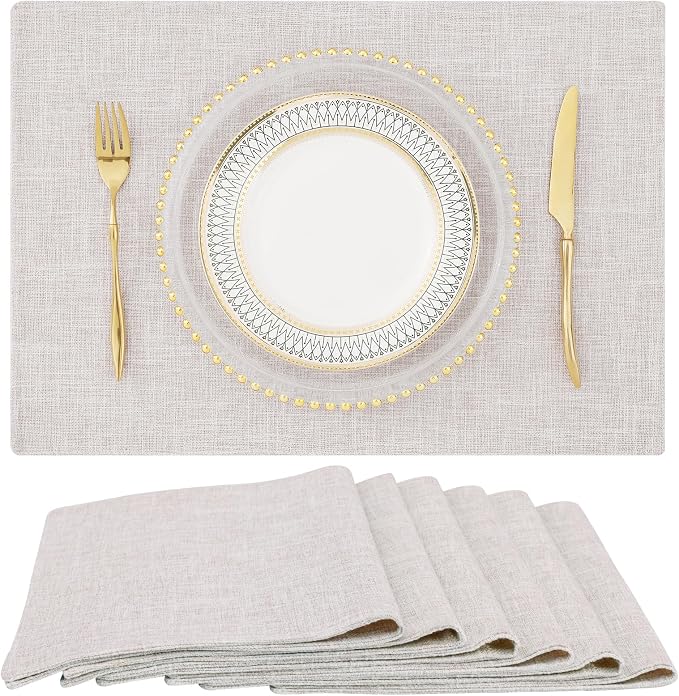 Faux Cotton Linen Placemats Set of 6, Cloth Washable Farmhouse Dining Table Mats by homing