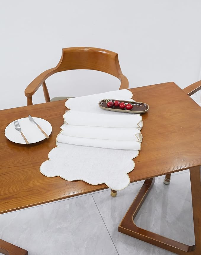 100% Natural Linen Rustic Scalloped Embroidery Table Runner 90 Inches Long - Image 4
