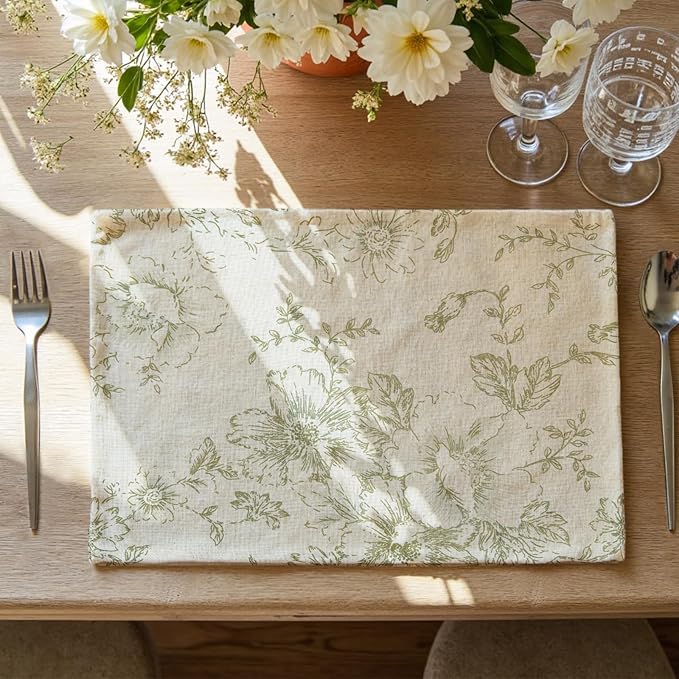 JINCHAN Alice Linen Floral Placemats Set of 4 Farmhouse 13x19 Inch Green | by JINCHAN