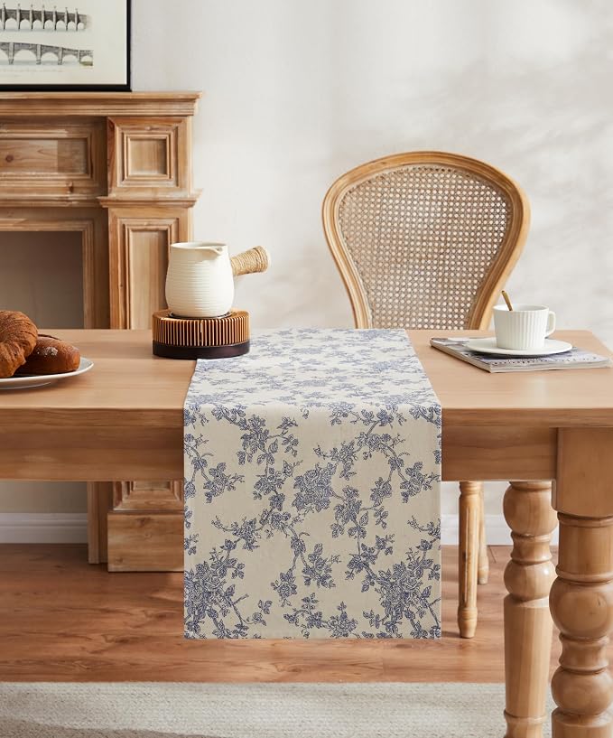 French Pastoral Farmhouse Table Runners, 13x48 Inch Blue | 100% Organic Cotton - Image 2