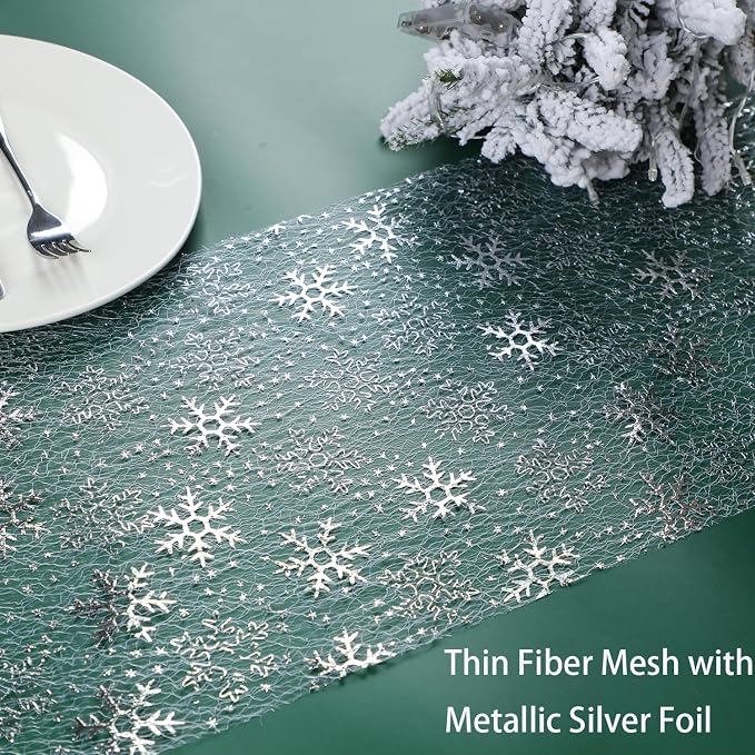 Snowkingdom Christmas Snowflake Silver Table Runner 11 Inch x 100 Feet Sparkly - Image 3