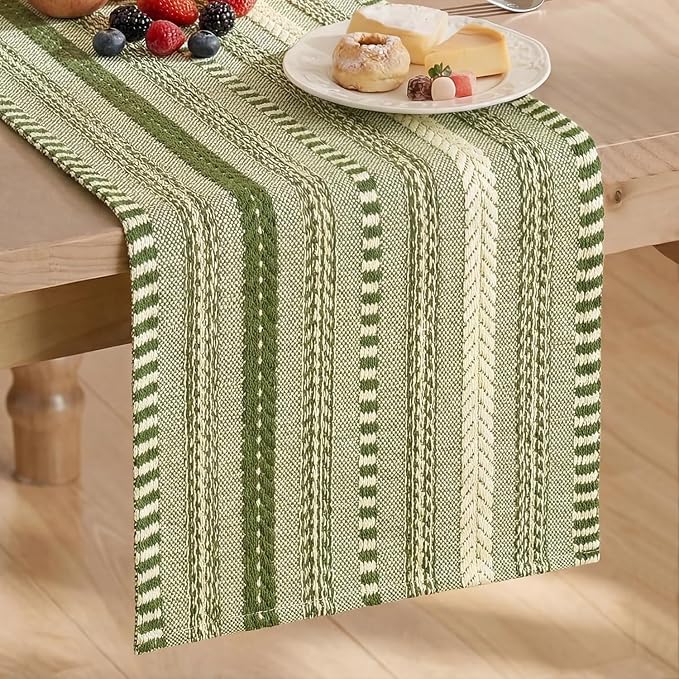 Artoid Mode Army Green Farmhouse Stripe Braided Table Runner 12x120 Inch | by ArtoidMode
