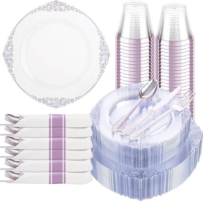 175 Pcs Clear Purple Plates for Party | Party Plates Set for 25 Guests - Image 9