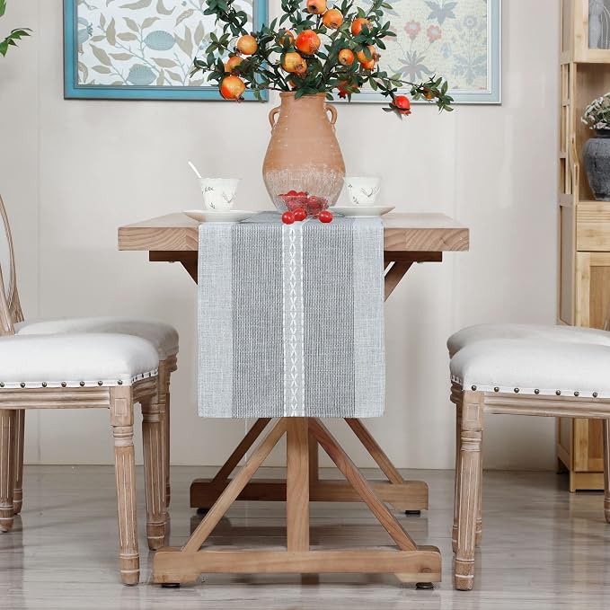 NEWISHER Farmhouse Braided Striped Embroidery Table Runner 90 inches Grey | - Image 8