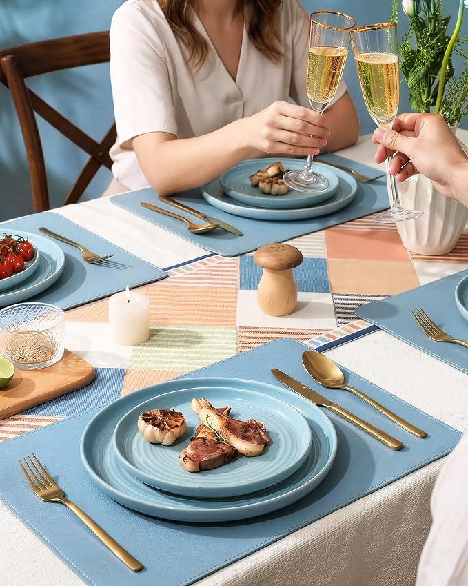 Dinnerware Set for 4, Ceramic Plates and Bowls, Ice Blue | 12 pcs Speckled - Image 4