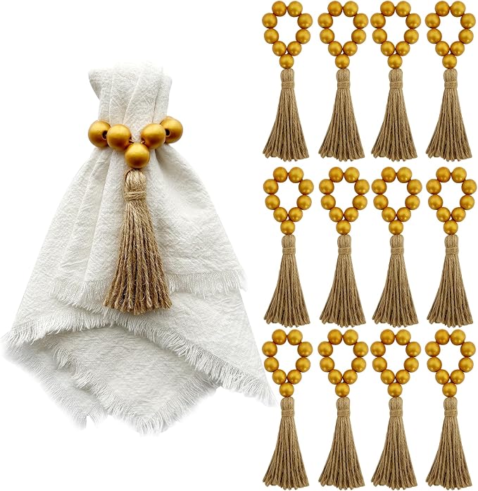 Napkin Rings Set of 12, Wooden Bead Elastic Tassel Napkin Ring | Tassel Napkin by JiTiMi